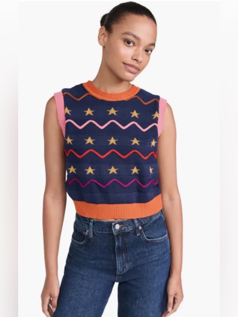 Love, dress Navy Star & Wave Knit Cropped Sweater Vest with Orange Trim